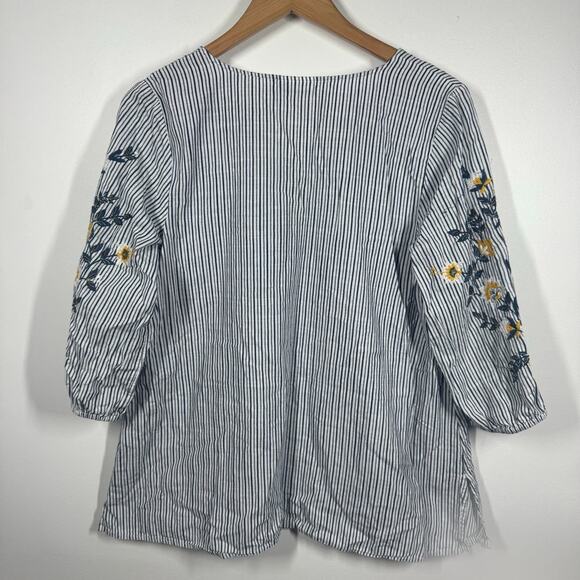 J.Jill Top Women MP Blue Cotton Tunic Striped Yellow Floral Embroidery Spring - Picture 2 of 8